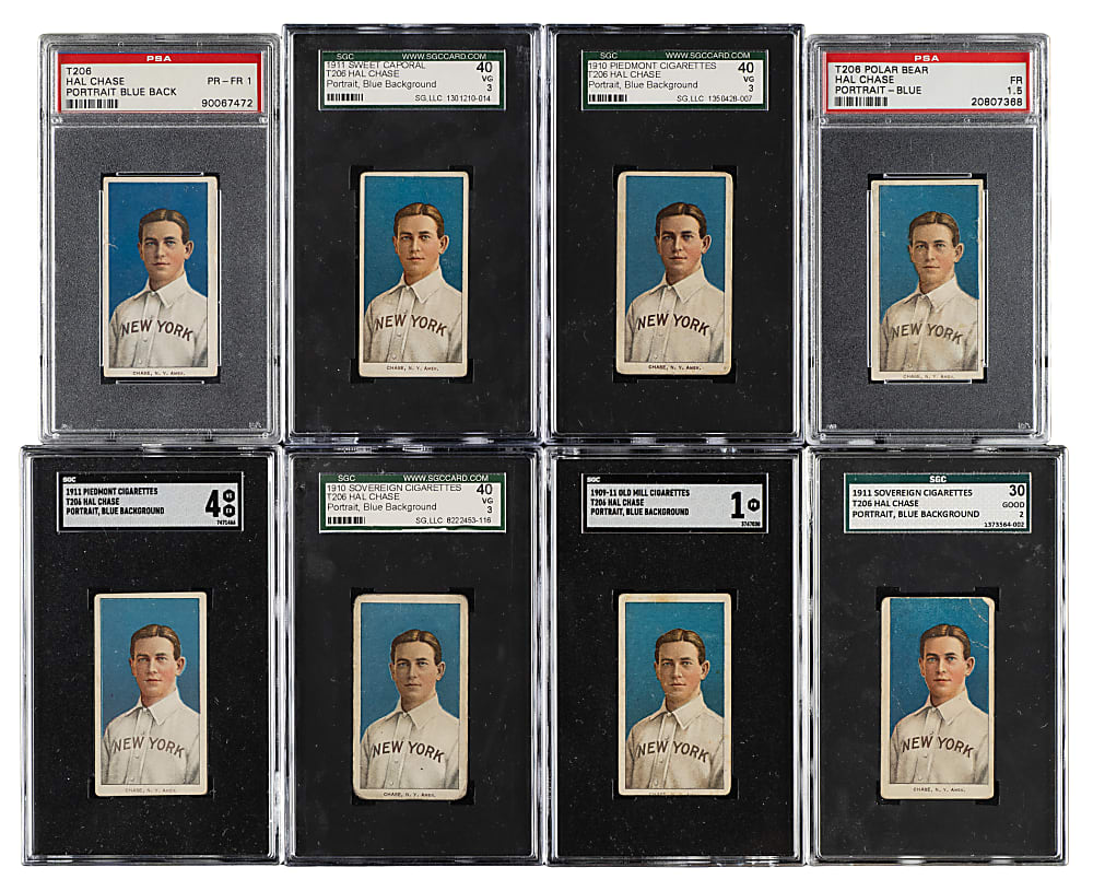 1909-1911 T206 White Border Hal Chase Portrait Blue Background PSA- and SGC-Graded Partial Advertisement Back Set (11/22) Including Tolstoi, El Principe De Gales, and Sovereign Backs