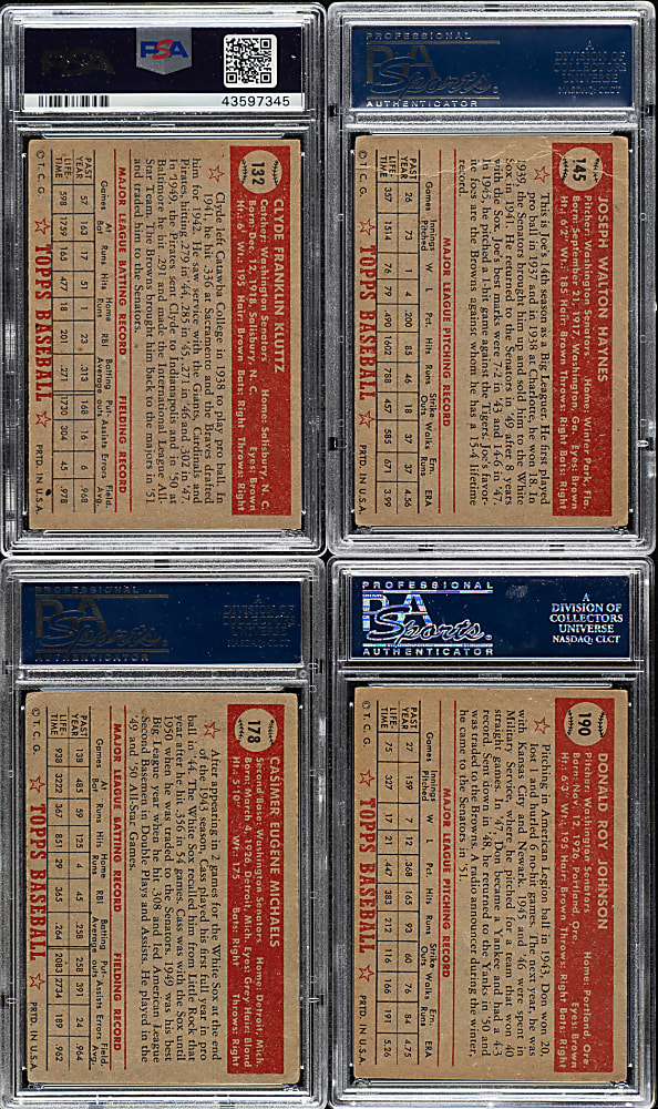 1952 Topps "Canadian" Gray Back Washington Senators PSA-Graded Complete Team Set (4)