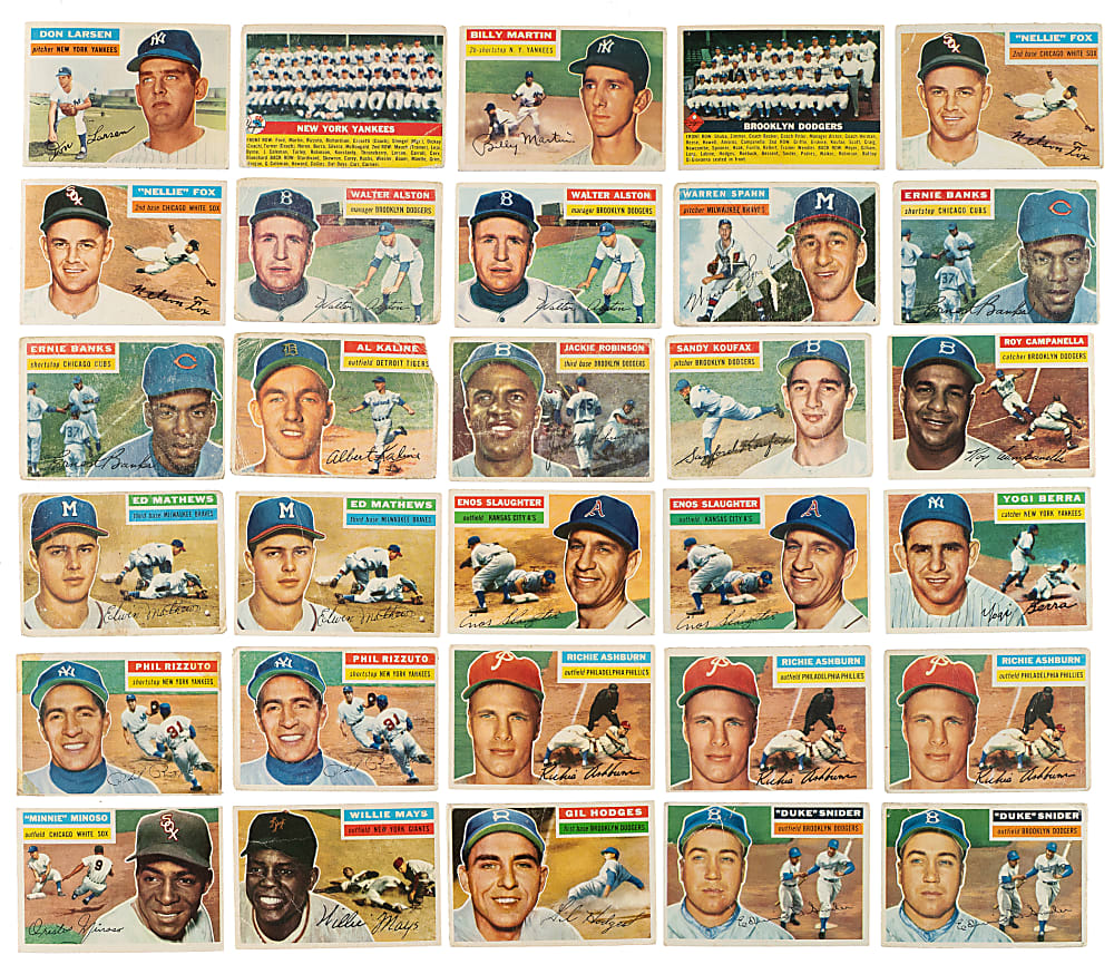1956 Topps Near-Complete Set (316/340) Plus 135 Duplicates with 50 Hall of Famers Including Aaron, Mays, Koufax, and Two Robinsons