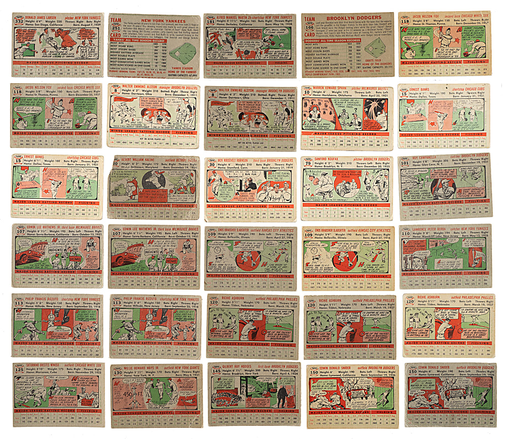 1956 Topps Near-Complete Set (316/340) Plus 135 Duplicates with 50 Hall of Famers Including Aaron, Mays, Koufax, and Two Robinsons