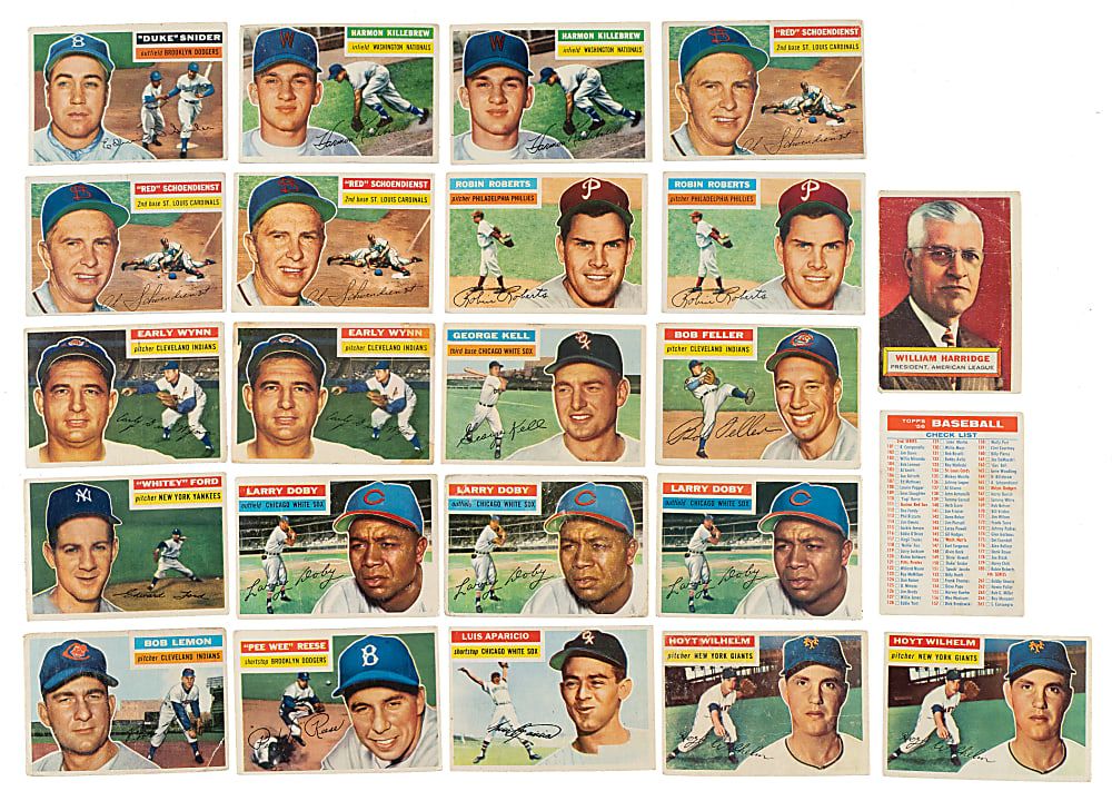 1956 Topps Near-Complete Set (316/340) Plus 135 Duplicates with 50 Hall of Famers Including Aaron, Mays, Koufax, and Two Robinsons