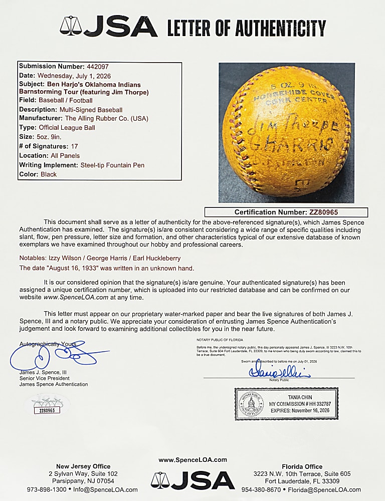 1930s Jim Thorpe Multi-Signed Baseball - JSA