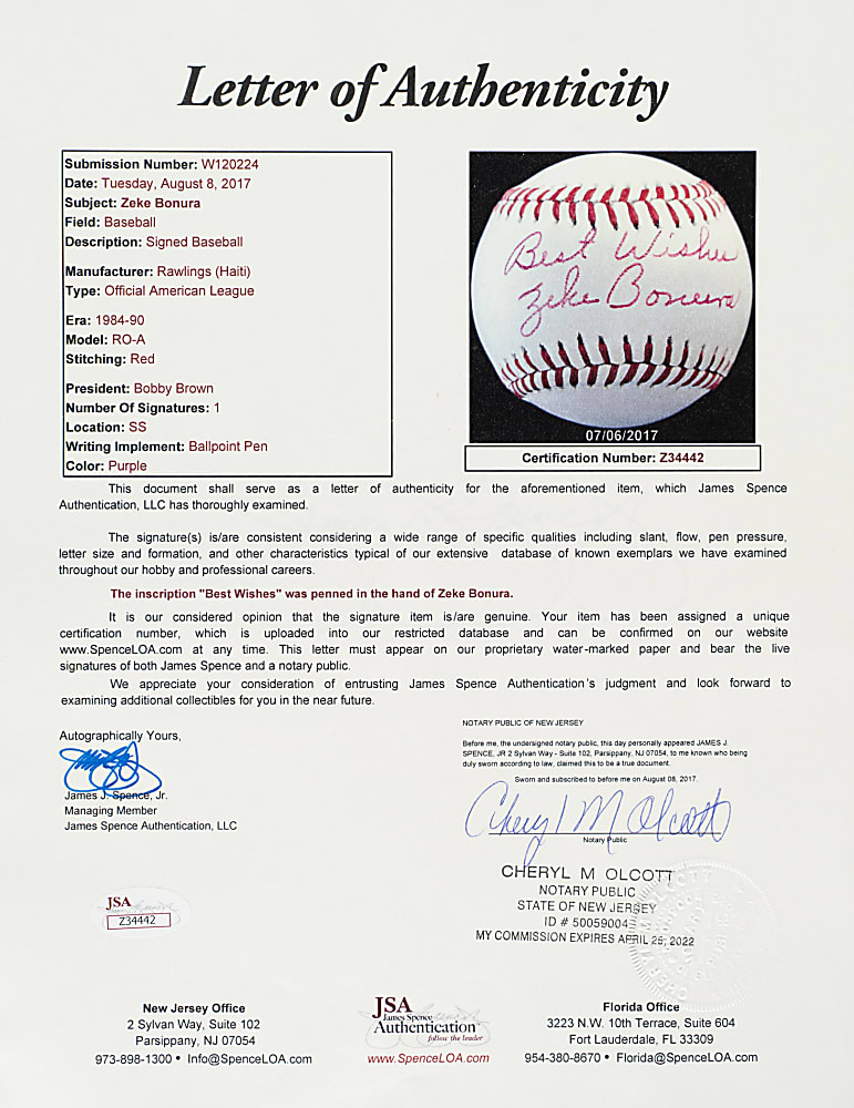 Zeke Bonura Single-Signed Baseball - JSA