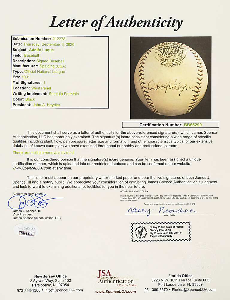 Adolfo Luque Signed Baseball - JSA and PSA/DNA