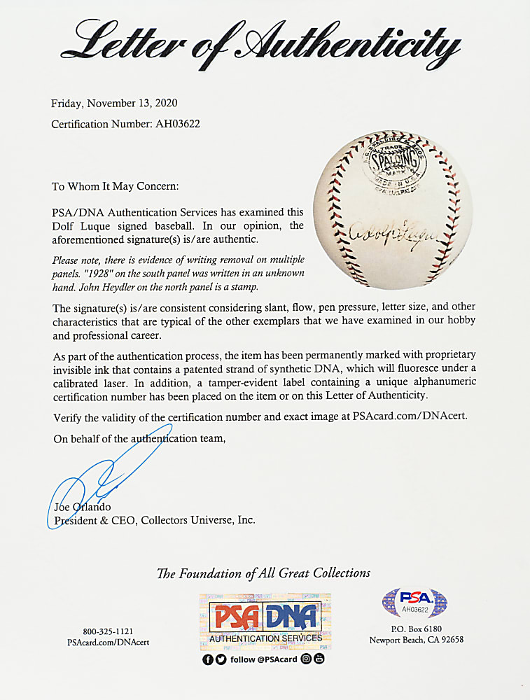 Adolfo Luque Signed Baseball - JSA and PSA/DNA