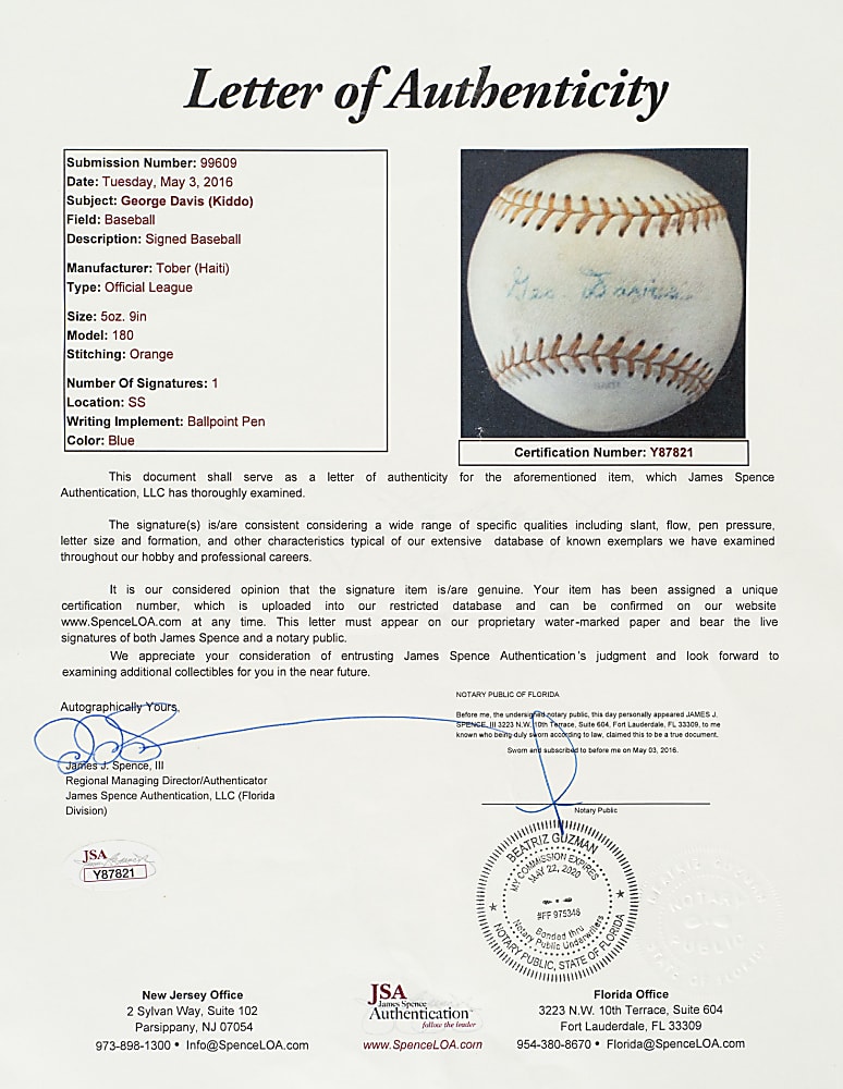 George "Kiddo" Davis Single-Signed Baseball - JSA