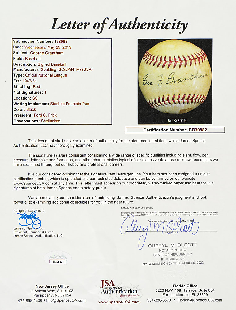 George Grantham Single-Signed Baseball - JSA