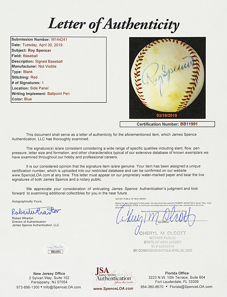 Roy Spencer Single-Signed Baseball - JSA