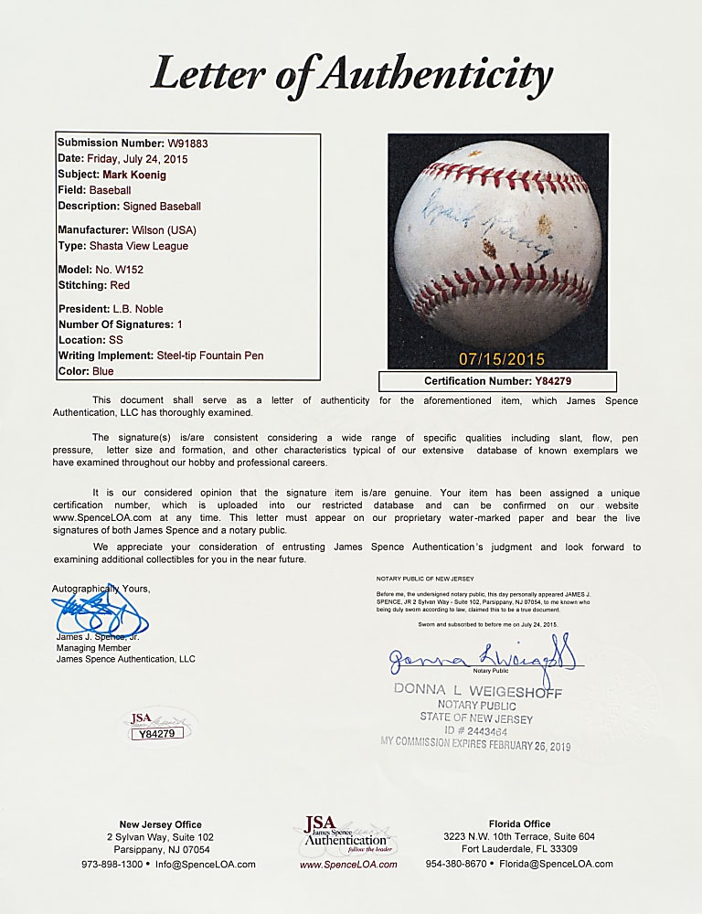 Mark Koenig Single-Signed Baseball - JSA