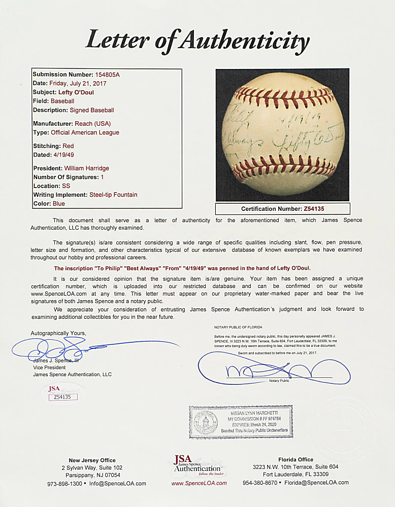 Lefty O'Doul Single-Signed Baseball - JSA