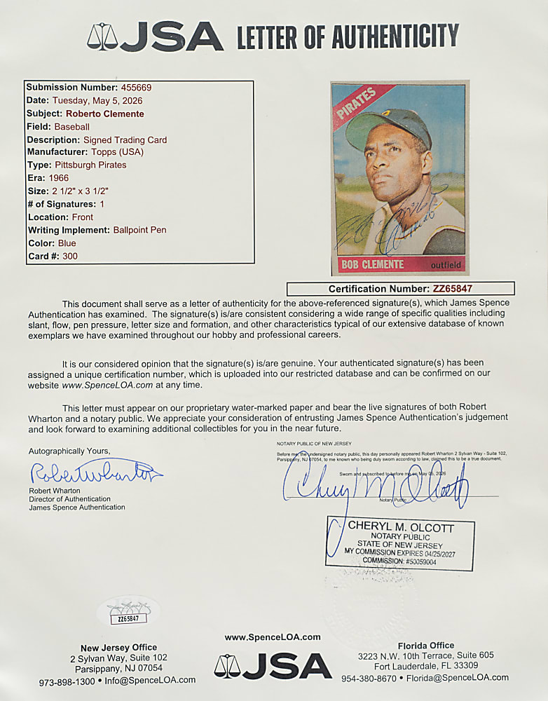 Signed 1966 Topps #300 Roberto Clemente PSA POOR 1 with NM-MT 8 Signature Plus Full JSA LOA