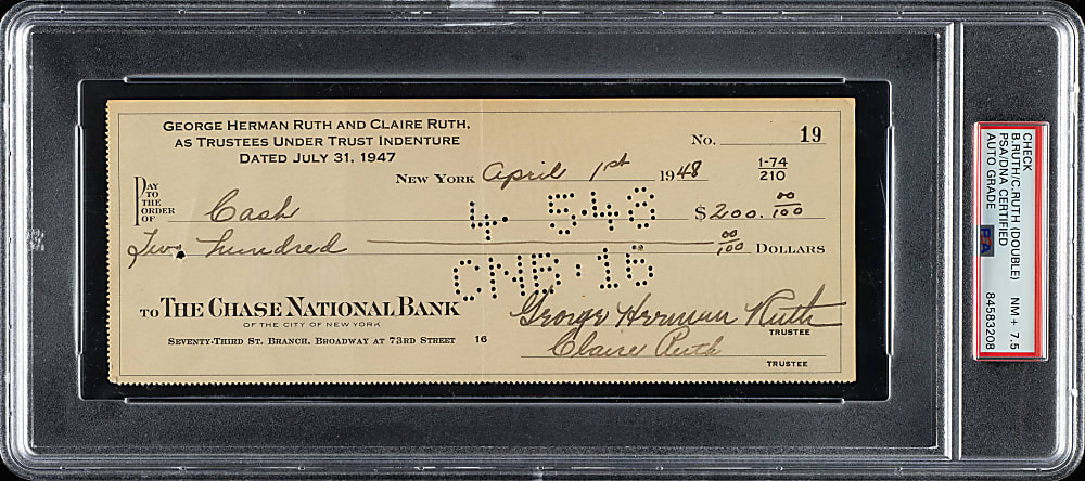 1948 Babe Ruth Signed Check PSA/DNA NM+ 7.5 - Signed and Endorsed by Claire Ruth with Full "George Herman Ruth" Signature!