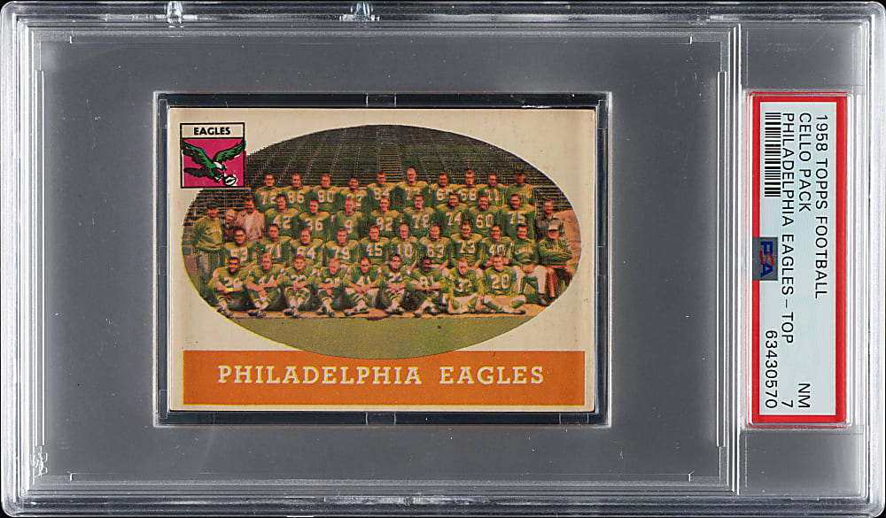 1958 Topps Football Unopened Cello Pack PSA NM 7 - Philadelphia Eagles Team on Top - Possible Jim Brown Rookie!