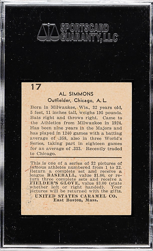 1932 R328 U.S. Caramel #17 Al Simmons SGC NM/MT 8 - 1 of 2 - Highest Graded!