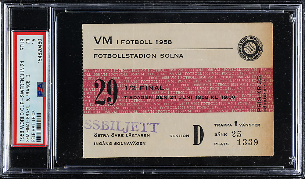 June 24, 1958 World Cup Semifinal (Brazil vs. France) Ticket Stub PSA FAIR 1.5 - Pele Hat Trick