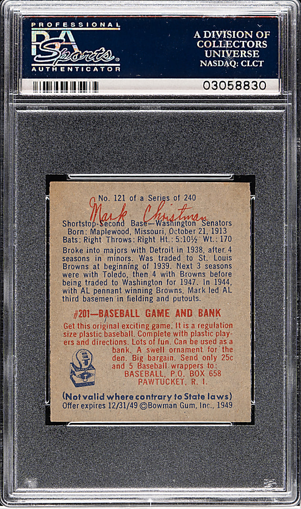 1949 Bowman #121 Mark Christman PSA MINT 9 - 1 of 5 - Highest Graded!