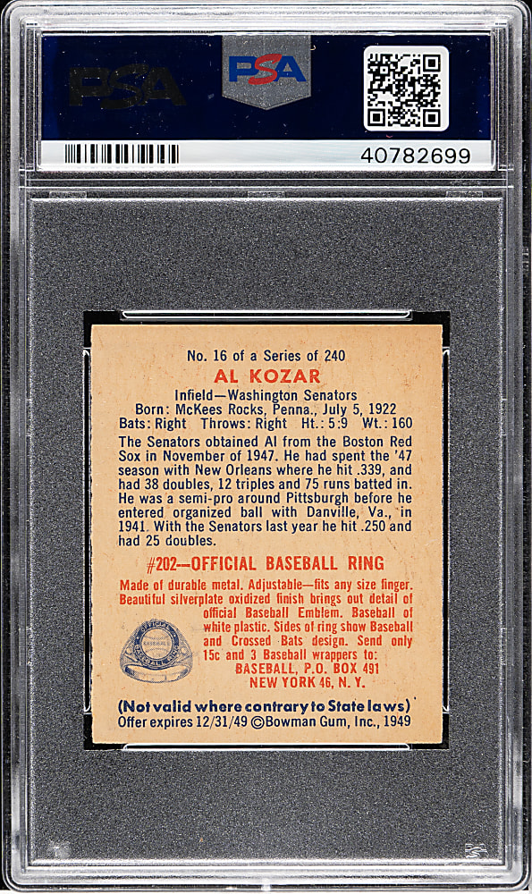 1949 Bowman #16 Al Kozar PSA MINT 9 - Highest Graded!