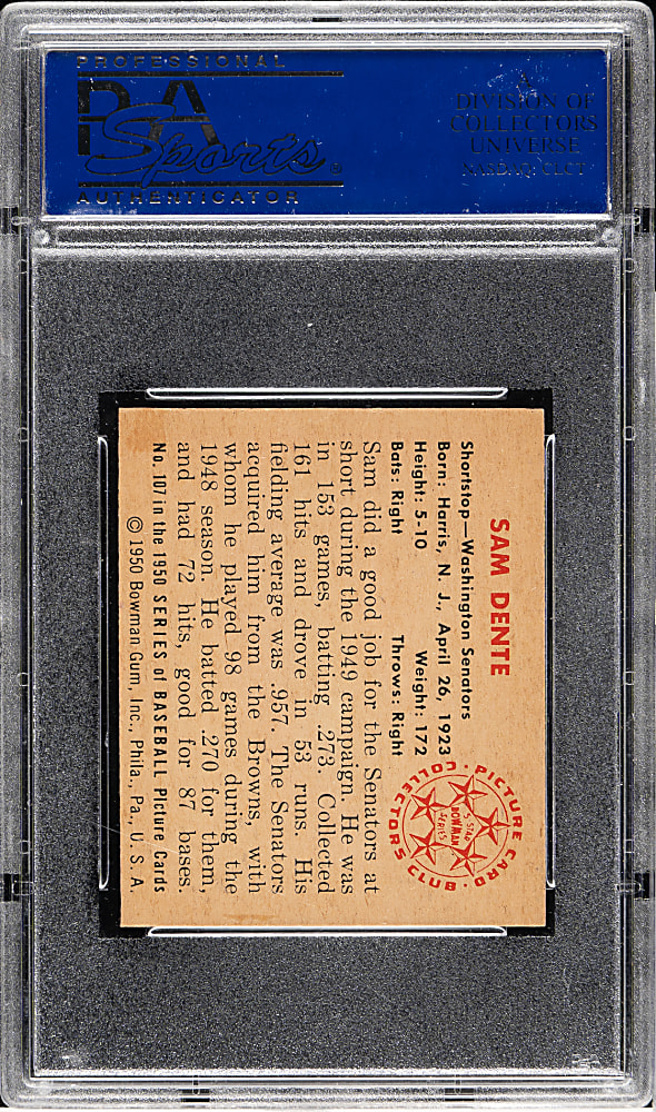 1950 Bowman #107 Sam Dente PSA MINT 9 - 1 of 4 - Highest Graded!