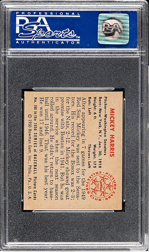 1950 Bowman #160 Mickey Harris PSA MINT 9 - 1 of 5 - Highest Graded!