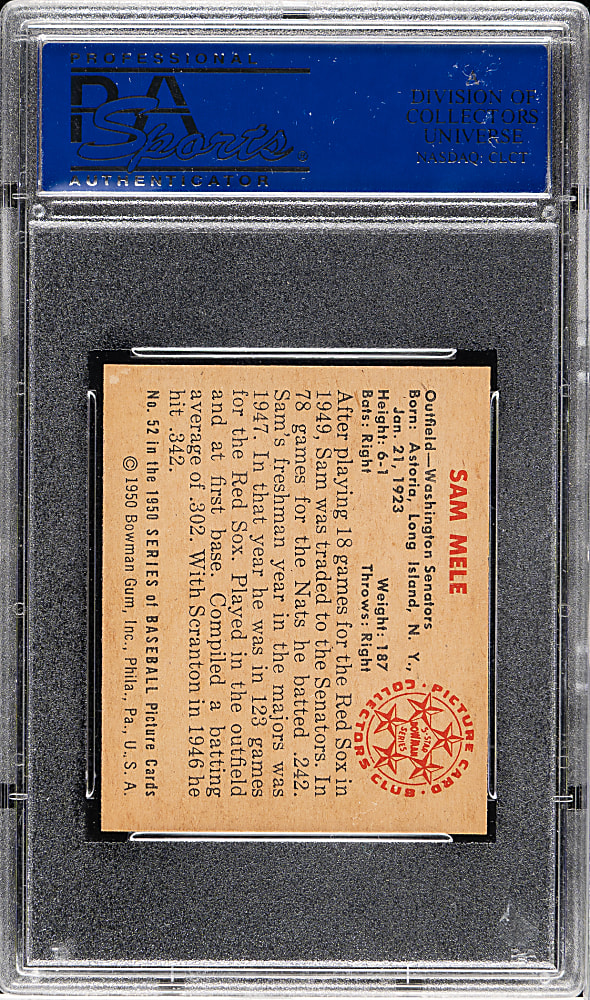1950 Bowman #52 Sam Mele PSA MINT 9 - 1 of 4 - Highest Graded!