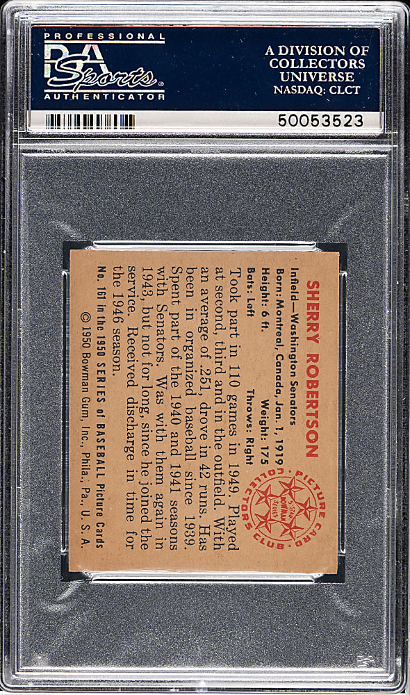 1950 Bowman #161 Sherry Robertson PSA MINT 9 - 1 of 4!