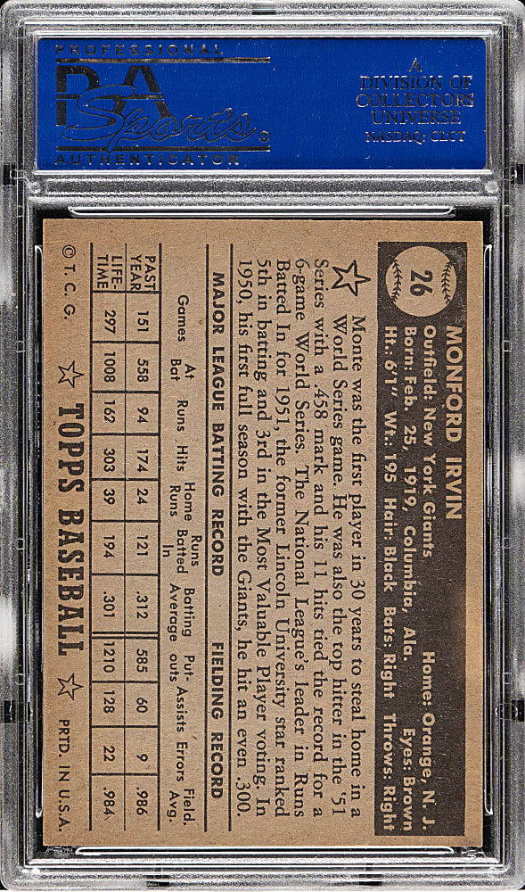1952 Topps #26 Monte Irvin Black Back PSA NM-MT 8