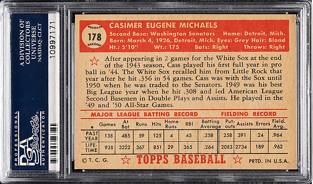 1952 Topps #178 Cass Michaels PSA MINT 9 - 1 of 3 - Highest Graded!