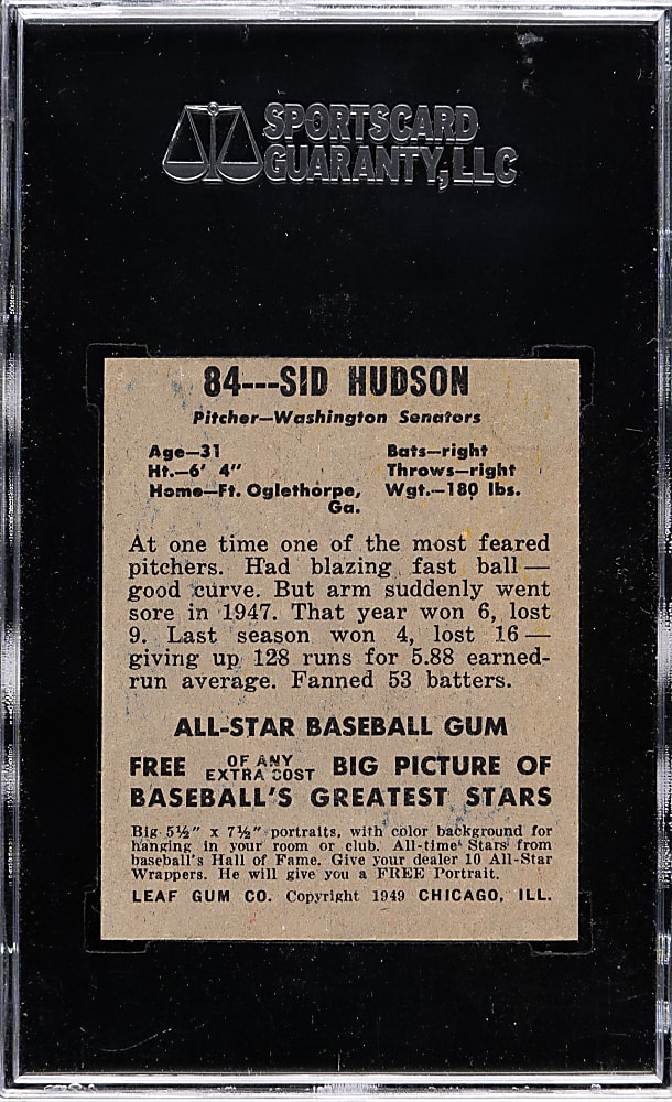 1948-1949 Leaf #84 Sid Hudson SGC NM/MT+ 92 - 1 of 2 - Highest Graded!