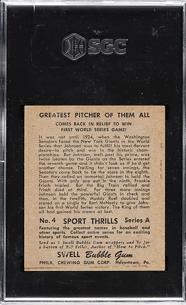 1948 Swell Bubble Gum Sport Thrills #4 Greatest Pitcher of Them All (Walter Johnson) SGC EX/NM 6