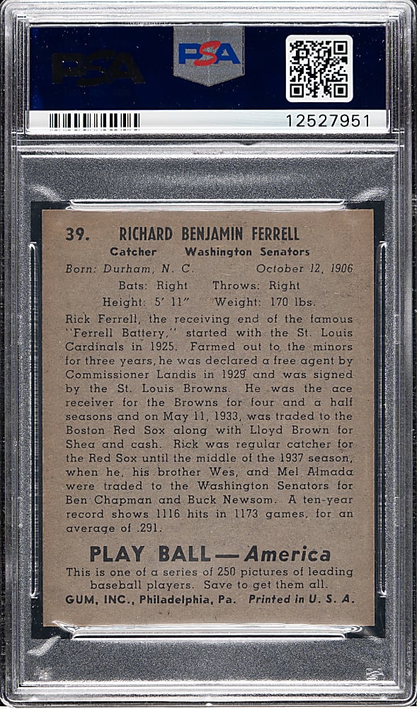 1939 R334 Play Ball #39 Rick Ferrell PSA MINT 9 - 1 of 4 - Highest Graded!