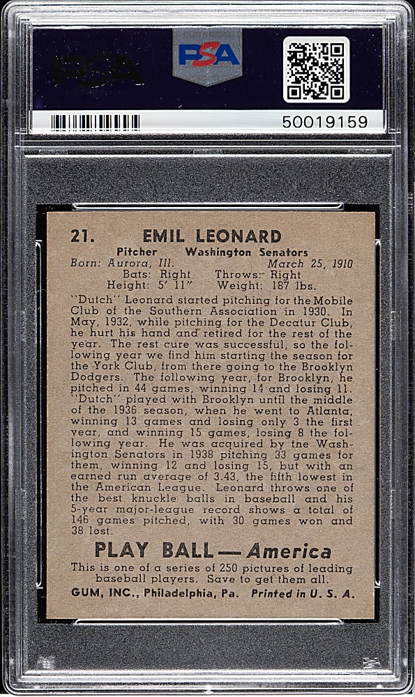 1939 R334 Play Ball #21 Dutch Leonard PSA MINT 9 - 1 of 3 - Highest Graded!