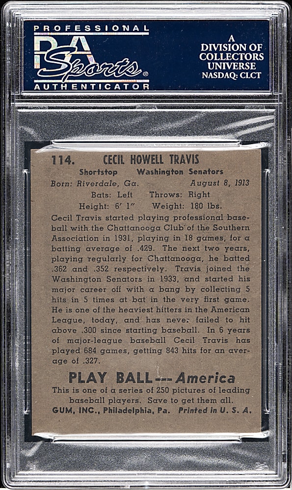 1939 R334 Play Ball #114 Cecil Travis PSA NM-MT+ 8.5 - 1 of 2!