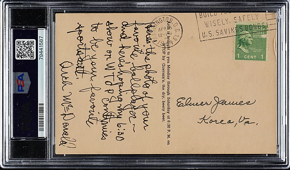 1948 Gunther Beer Postcards Washington Senators Christman/Difani - PSA - One of Only Two Graded Examples