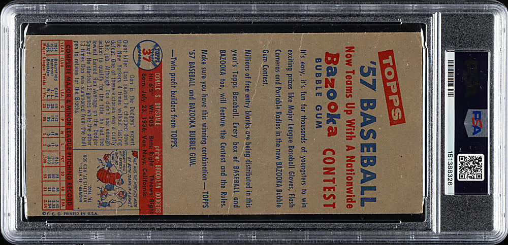 1957 Topps Salesman-Sample Three-Card Advertising Panel with Don Drysdale Rookie on Back - PSA