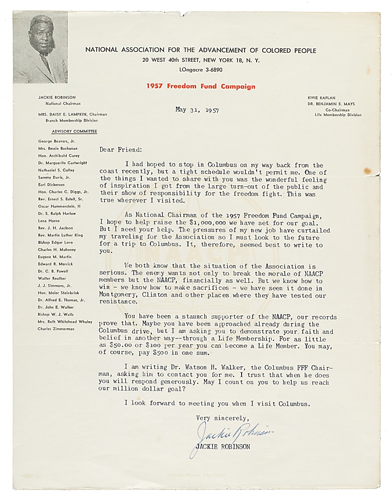 1957 Jackie Robinson Signed Letter - NAACP Freedom Fund Campaign - Remarkable Civil Rights Related Letter - JSA