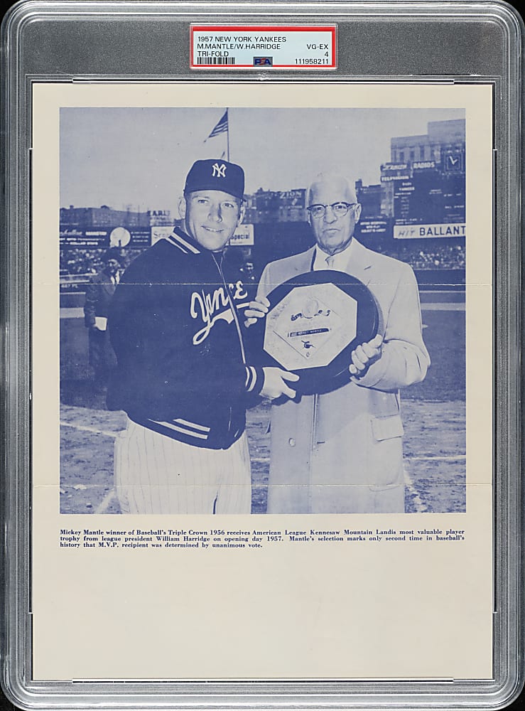 1957 New York Yankees Tri-Fold Mickey Mantle and William Harridge PSA VG-EX 4 - 1 of 2 - Highest Graded!