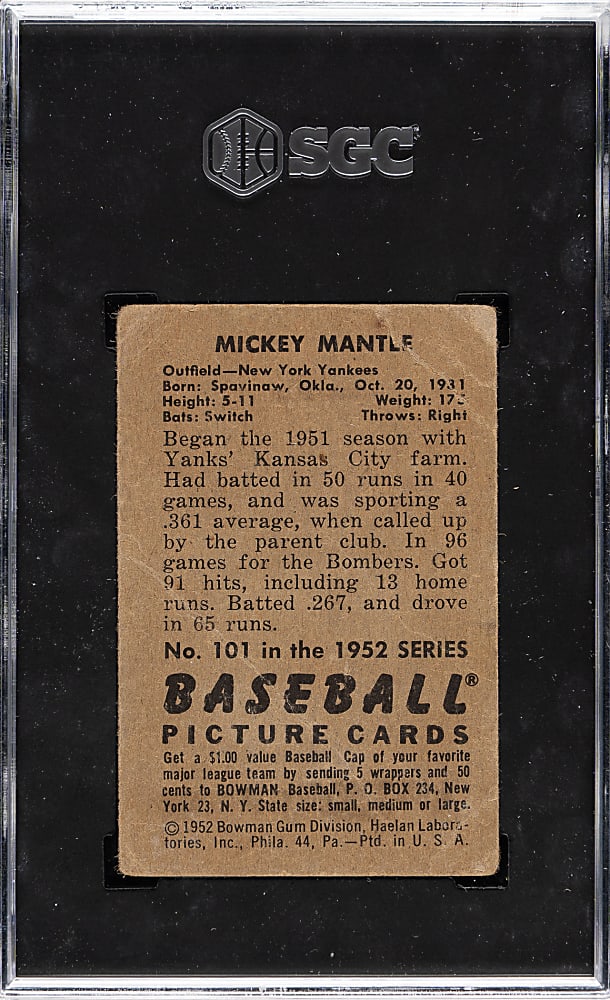1952 Bowman #101 Mickey Mantle SGC POOR 1