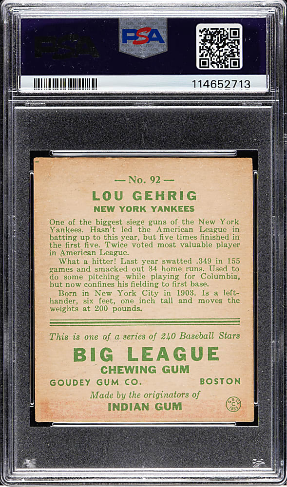 1933 R319 Goudey #92 Lou Gehrig PSA VG-EX 4