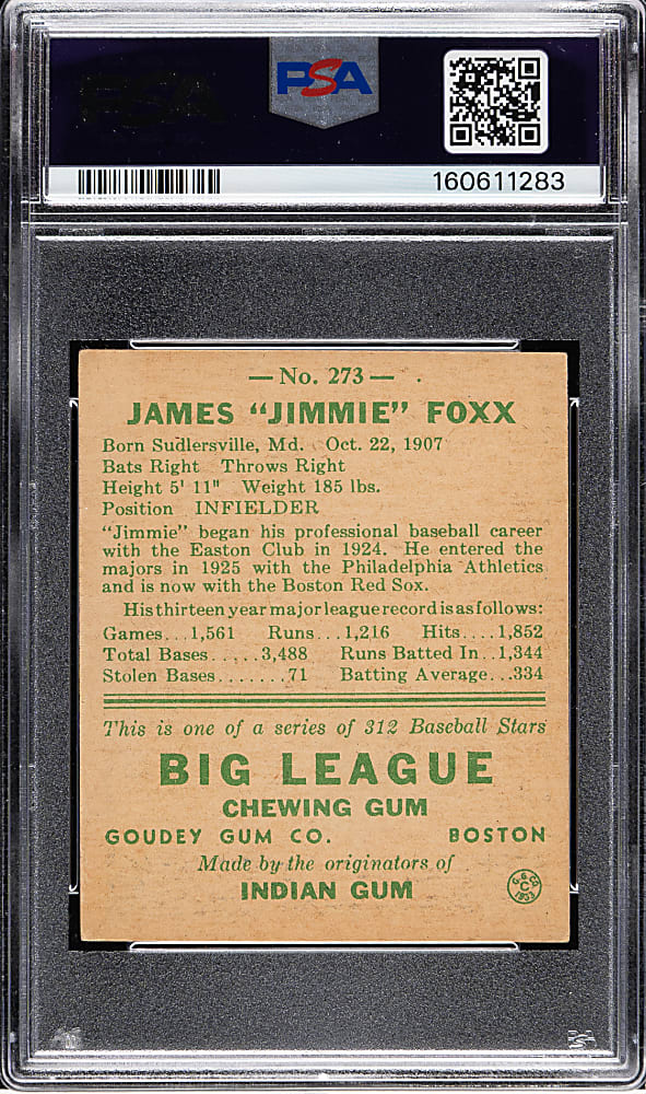 1938 R323 Goudey "Heads-Up" #273 Jimmie Foxx PSA VG+ 3.5