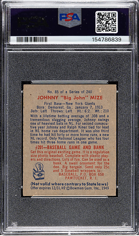 Signed 1949 Bowman #85 Johnny Mize No Name on Front PSA VG-EX 4 with GEM MINT 10 Signature