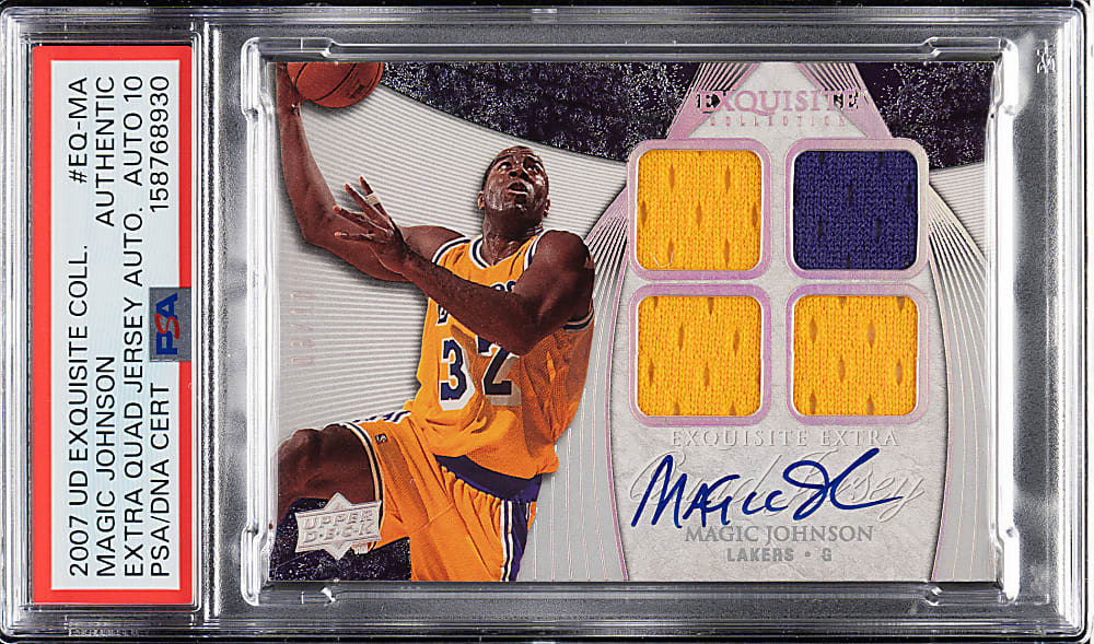 2007-2008 Upper Deck Exquisite Collection Extra Quad Jersey Autograph Basketball #EQ-MA Magic Johnson #8/10 PSA/DNA GEM MINT 10