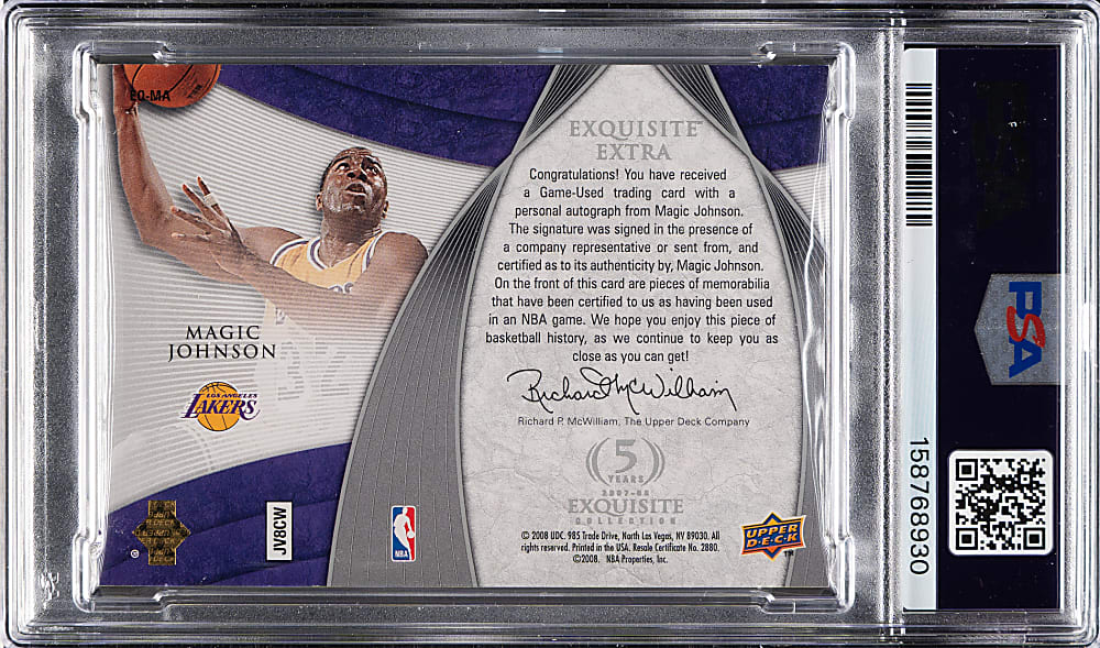 2007-2008 Upper Deck Exquisite Collection Extra Quad Jersey Autograph Basketball #EQ-MA Magic Johnson #8/10 PSA/DNA GEM MINT 10