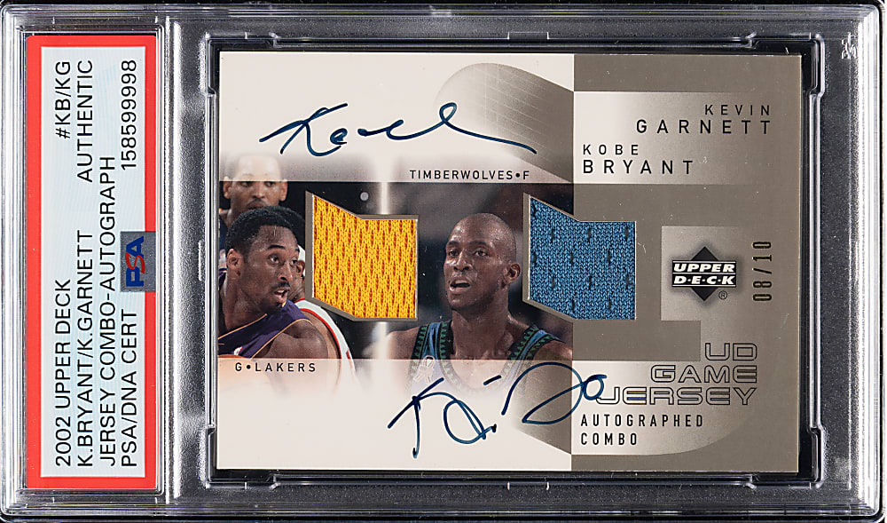 2002-2003 Upper Deck Game Jersey Combo Autograph Basketball #KB/KG Kobe Bryant/Kevin Garnett #8/10 - PSA