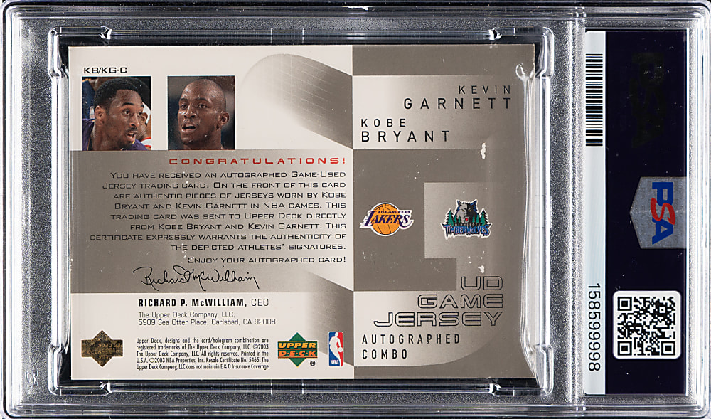 2002-2003 Upper Deck Game Jersey Combo Autograph Basketball #KB/KG Kobe Bryant/Kevin Garnett #8/10 - PSA