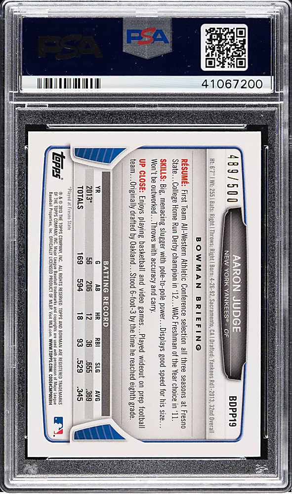 2013 Bowman Draft Picks & Prospects #BDPP19 Aaron Judge Blue #489/500 PSA MINT 9