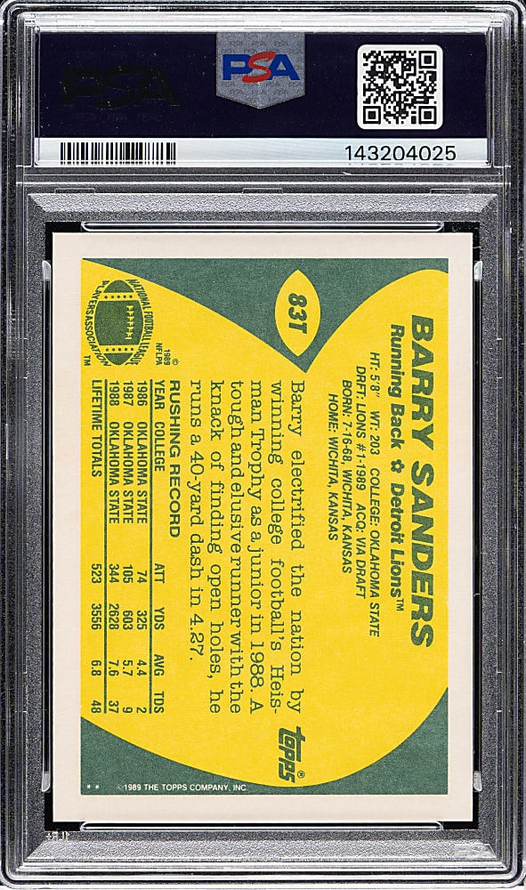1989 Topps Traded Football #83T Barry Sanders Rookie PSA GEM MINT 10 with GEM MINT 10 Signature