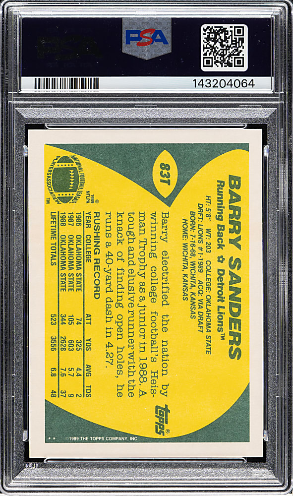 1989 Topps Traded Football #83T Barry Sanders Rookie PSA MINT 9 with GEM MINT 10 Signature