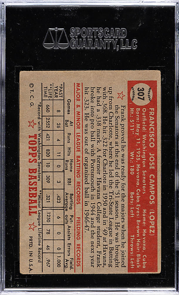 1952 Topps #307 Frank Campos SGC GOOD+ 35 - Rare "Partial Top Border" Variation
