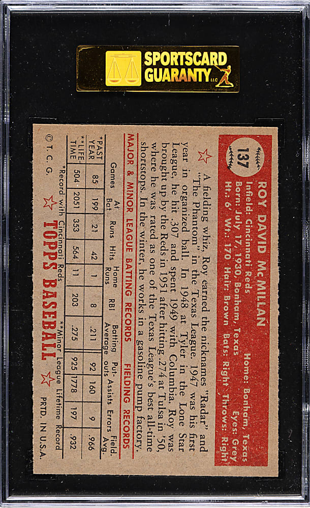 1952 Topps #137 Roy McMillan SGC EX 60 - "Canadian" Gray Back