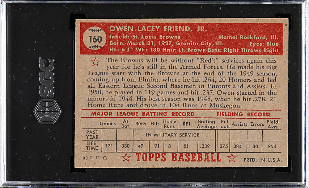1952 Topps #160 Owen Friend SGC VG/EX+ 4.5 - "Canadian" Gray Back